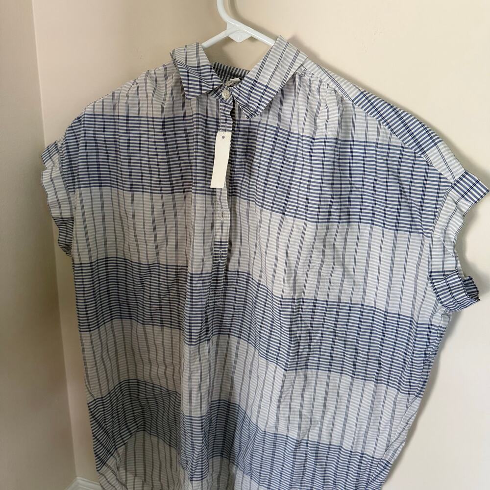 Madewell | NEW Blue Window Pane Preppy Short Sleeve 1/2 Button Up Blouse Sz XS - Picture 5 of 8